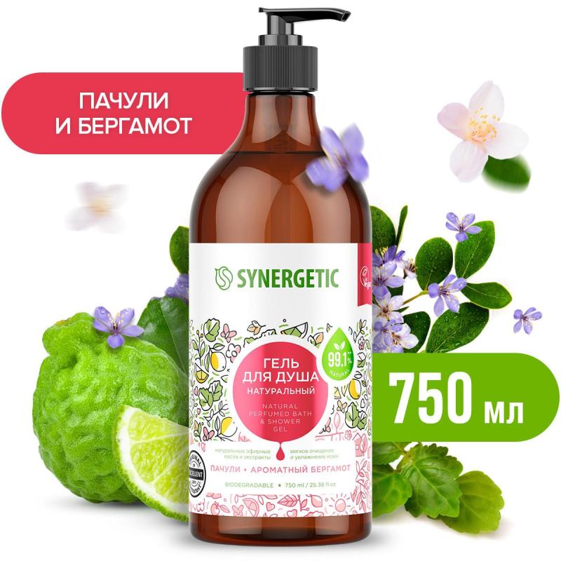 Гель для душа Synergetic Пачули и ароматный бергамот увлажняющий, 750мл
