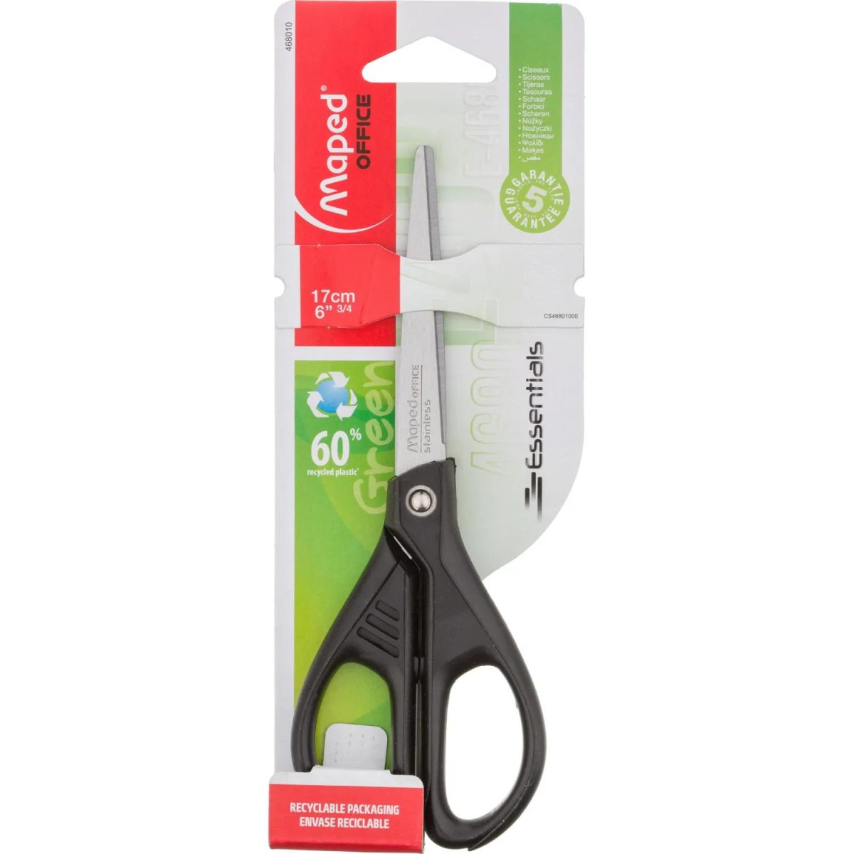 Ножницы Maped ESSENTIALS GREEN, 170мм,пластик.эллиптич. ручки,черный,468010