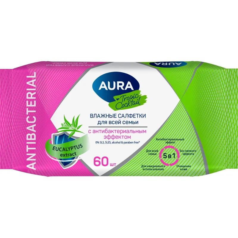 Салфетки влажные AURA TROPIC COCKTAIL c антибак эффектом в ассорт 60шт/упак