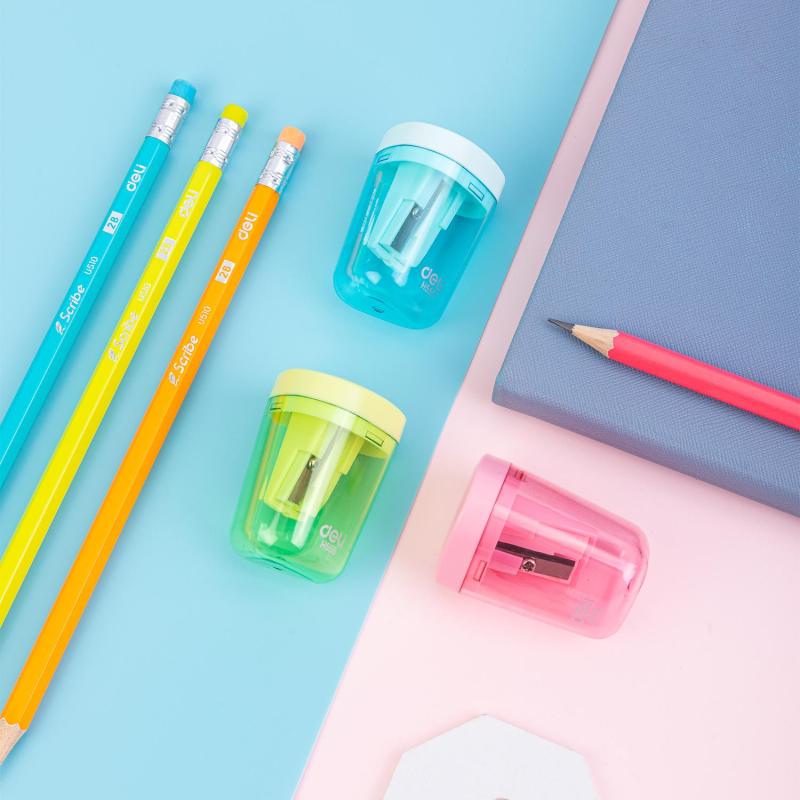 Точилка ручная Deli, 1 отв., контейнер, автомат. клапан, пластик, ассорти