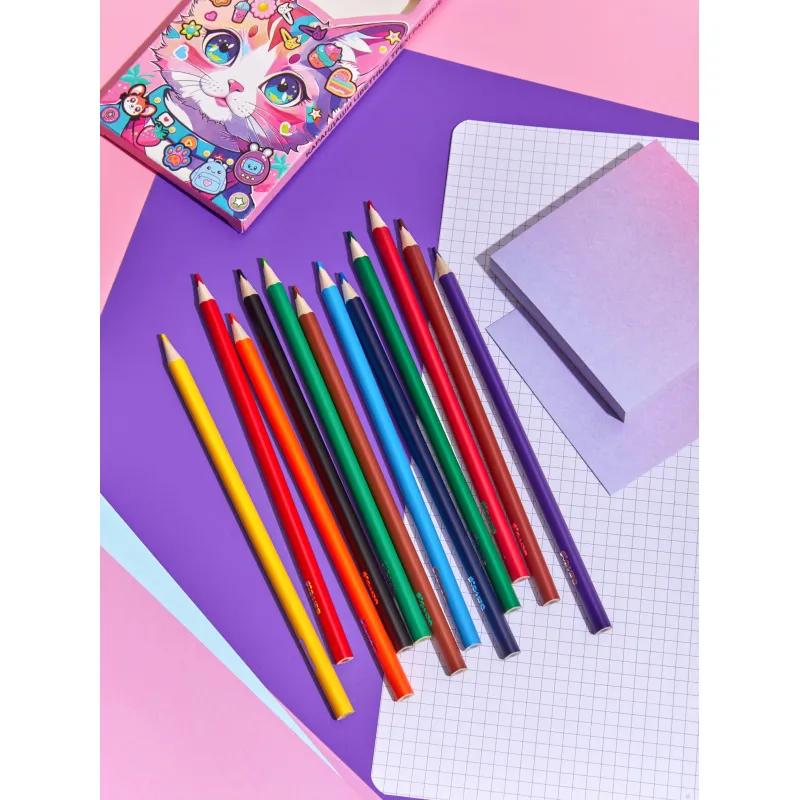 Карандаши цветные Комус Класс Kitty stickers 12 цв, 3мм, трехгранные, дер