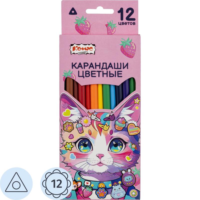 Карандаши цветные Комус Класс Kitty stickers 12 цв, 3мм, трехгранные, дер