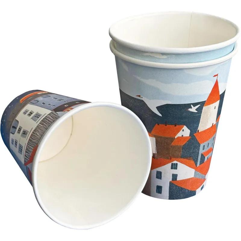 Стакан одноразовый бум. 1-сл Море и чайки mix 350 мл d- 90 мм 50 шт/уп