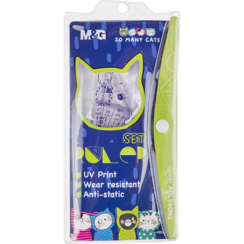 Набор чертежный M&G So Many Cats (линейка, транспортир, 2 треугольн), в асс