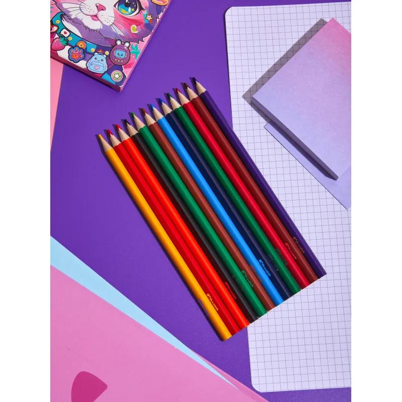 Карандаши цветные Комус Класс Kitty stickers 12 цв, 3мм, трехгранные, дер