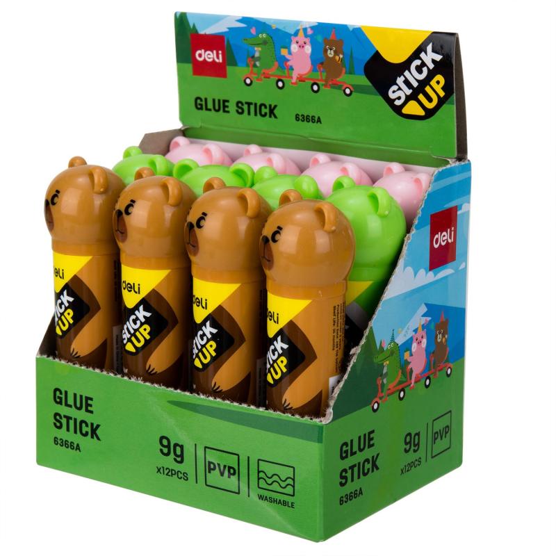 Клей-карандаш школьный 9г Deli с колпачком в форме зверька, ассорти E6366A