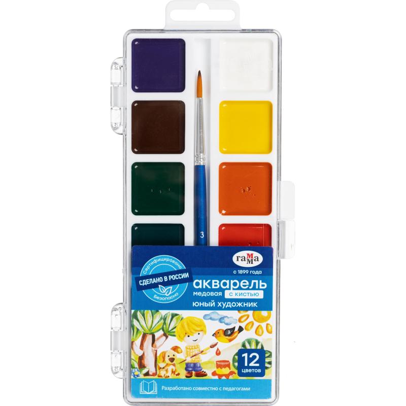 Краски акварельные Гамма Юный художник, мед,Наб.12цв,с кистью,пласт 212070