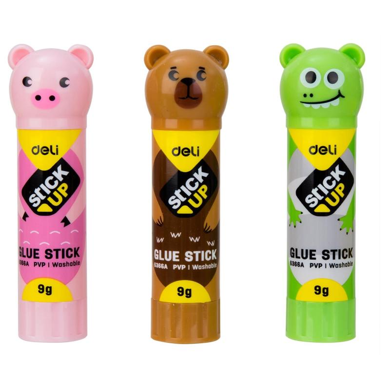 Клей-карандаш школьный 9г Deli с колпачком в форме зверька, ассорти E6366A