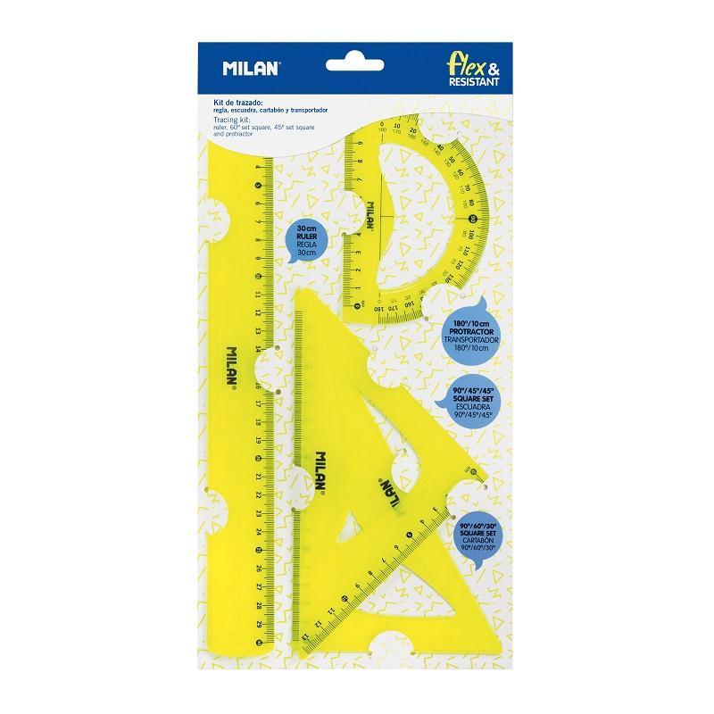 Набор Milan для черчения:линейка 30см, 2треуг(45град,30град),транспорт, жел