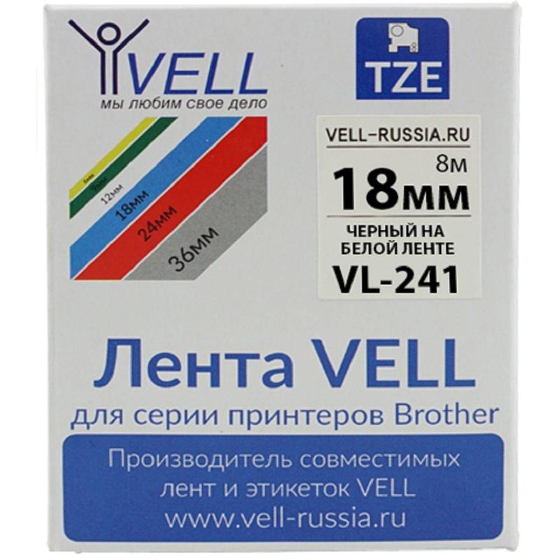 Картридж Vell VL-241 (Brother TZE-241, 18 мм, чер на белом) для PT {Vell241