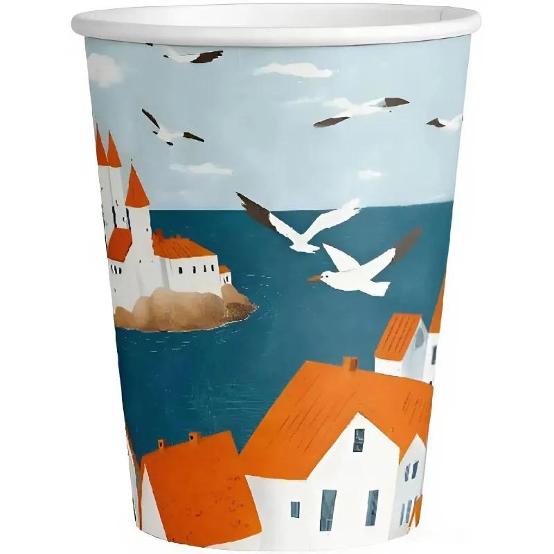 Стакан одноразовый бум. 1-сл Море и чайки mix 350 мл d- 90 мм 50 шт/уп