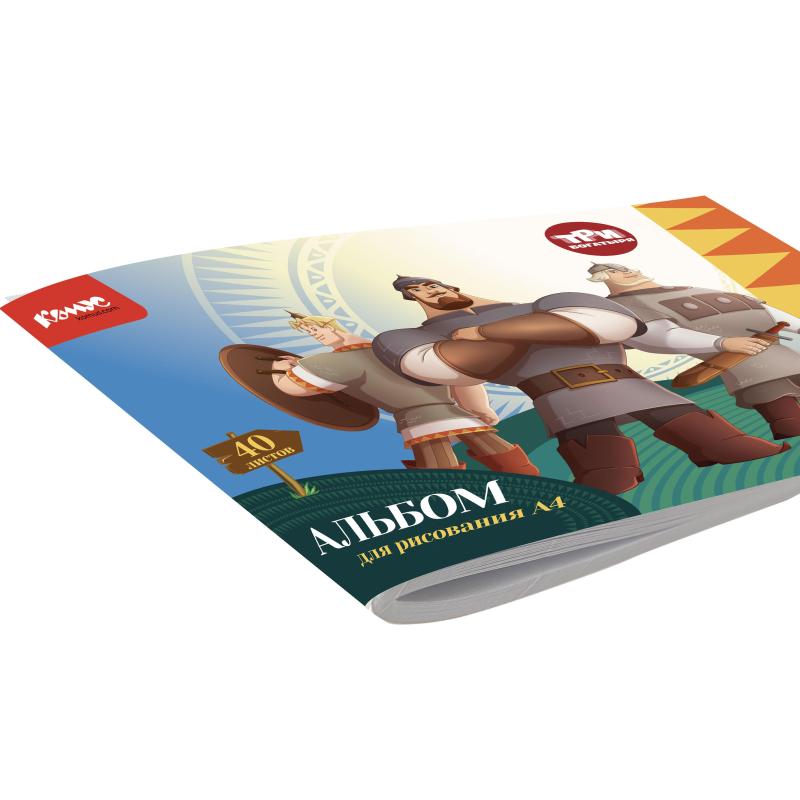 Альбом для рисования Комус Три богатыря 40л А4 скрепка обл.карт ВЛ 2шт/уп