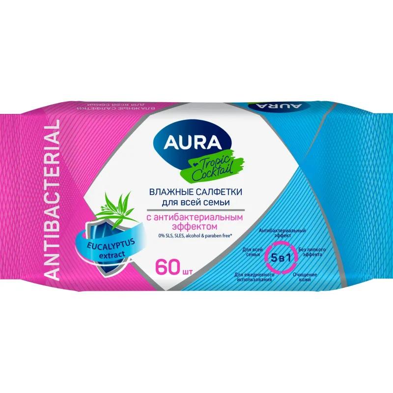 Салфетки влажные AURA TROPIC COCKTAIL c антибак эффектом в ассорт 60шт/упак