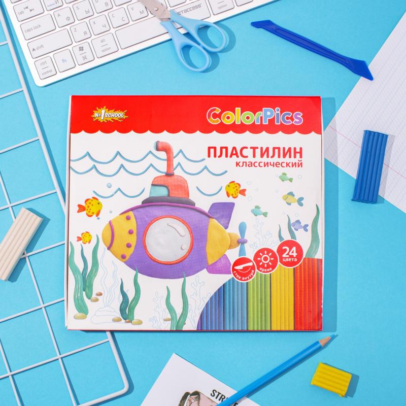 Пластилин клас.Комус Класс(№1 School)ColorPics 24 цв 480г,со стеком,картон