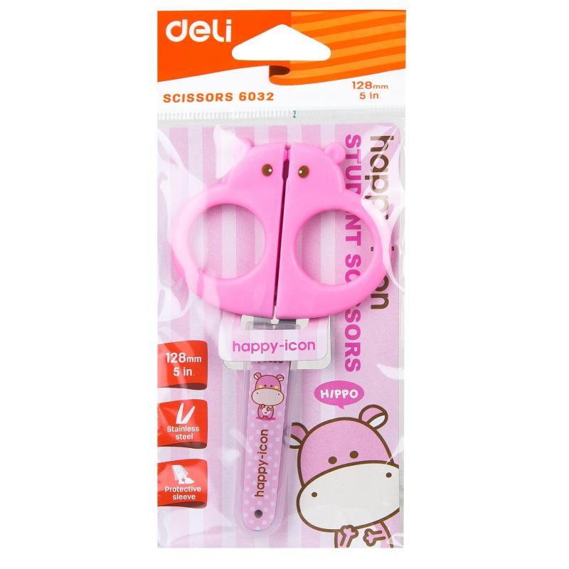 Ножницы детские 128мм Deli E6032, симметр.пласт.ручки,защитн.колп,розовый