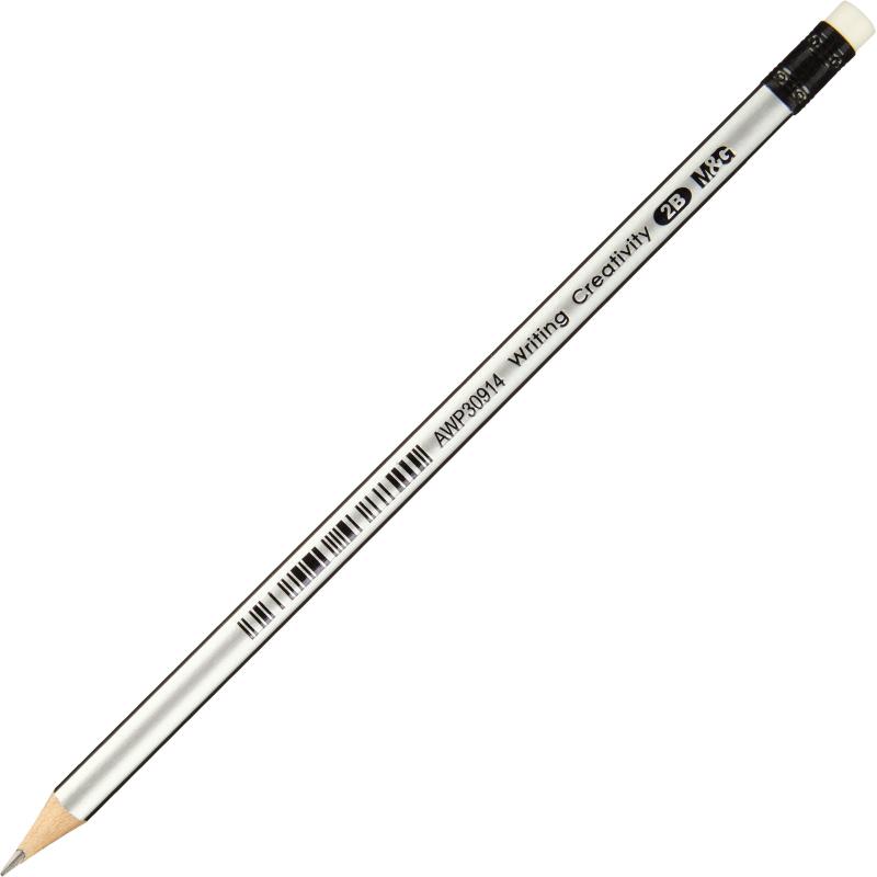 Карандаш чернографитный M&G, 2B, трехгранный, дерево, ластик, ассорти