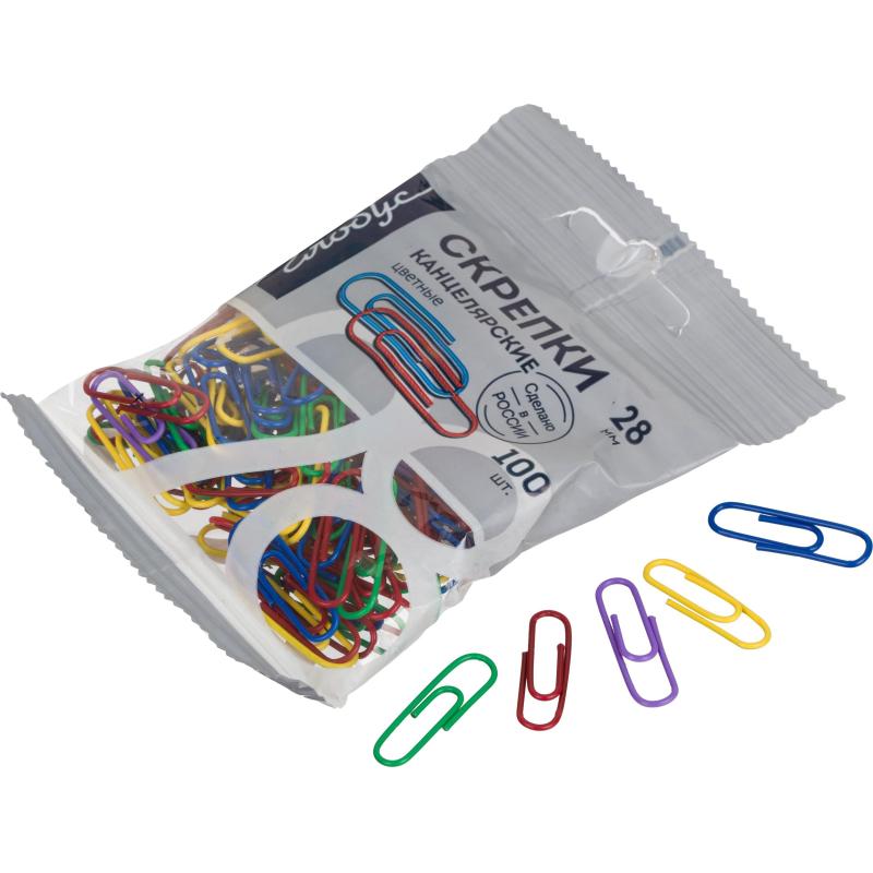 Скрепки Глобус С28-100ППл c полимерн.покрыт,28мм,разноцв,европодв,100 шт/уп