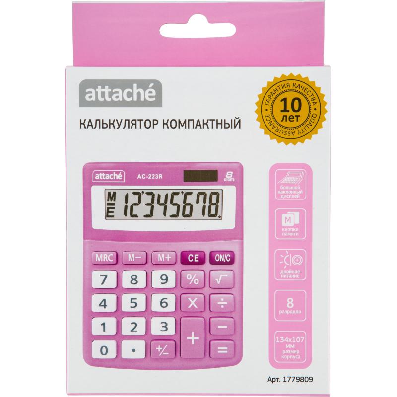 Калькулятор настольный КОМП Attache, AС-223R,8р,дв. пит, розовый,134x107x34
