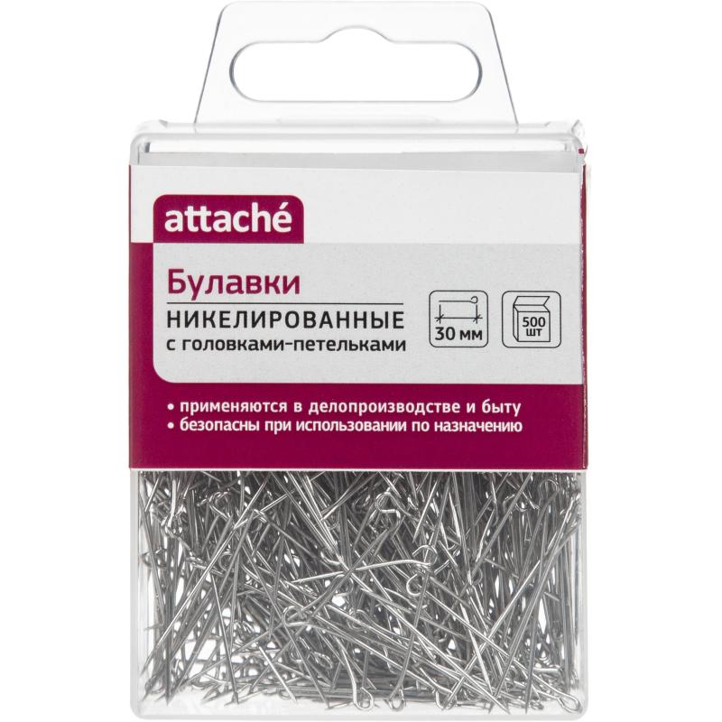 Булавки унив. с гол.петель. ник. Attache, 30 мм, 500 штук, в пласт кор