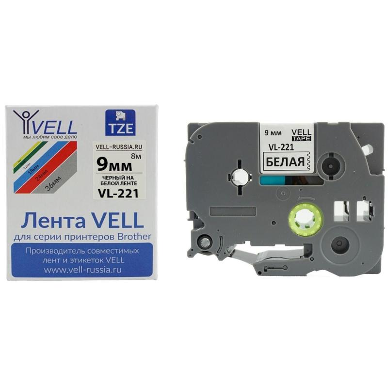 Картридж Vell VL-221 (Brother TZE-221, 9 мм, черн на белом) для PT {Vell221