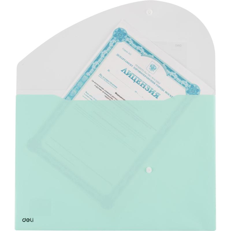 Папка-конверт на кнопке Deli А4+, 180мкм,карман,цвет в асс, 5506