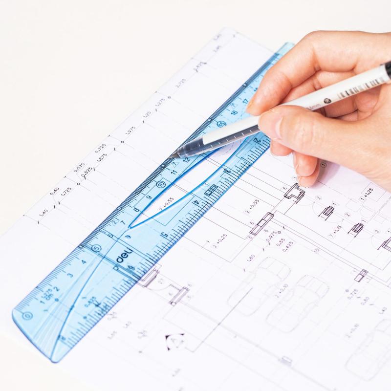 Набор чертежный Deli EH12 средний:лин 20см,угольн 13 и9см,трансп 12см,голуб