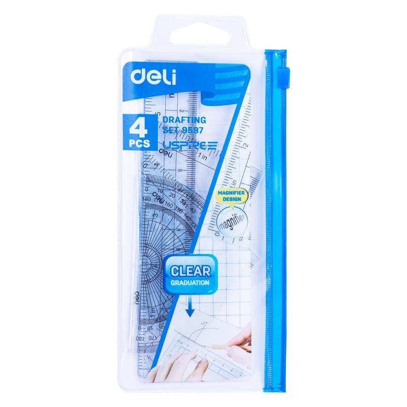 Набор чертежный Deli E9597 малый: лин 15см,угольн 10 и 7см,трансп 8см,прозр