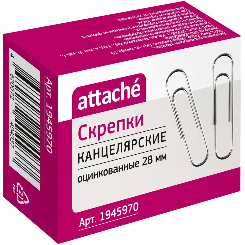 Скрепки Attache оцинкованные 28 мм, негофрированные, 100шт/уп