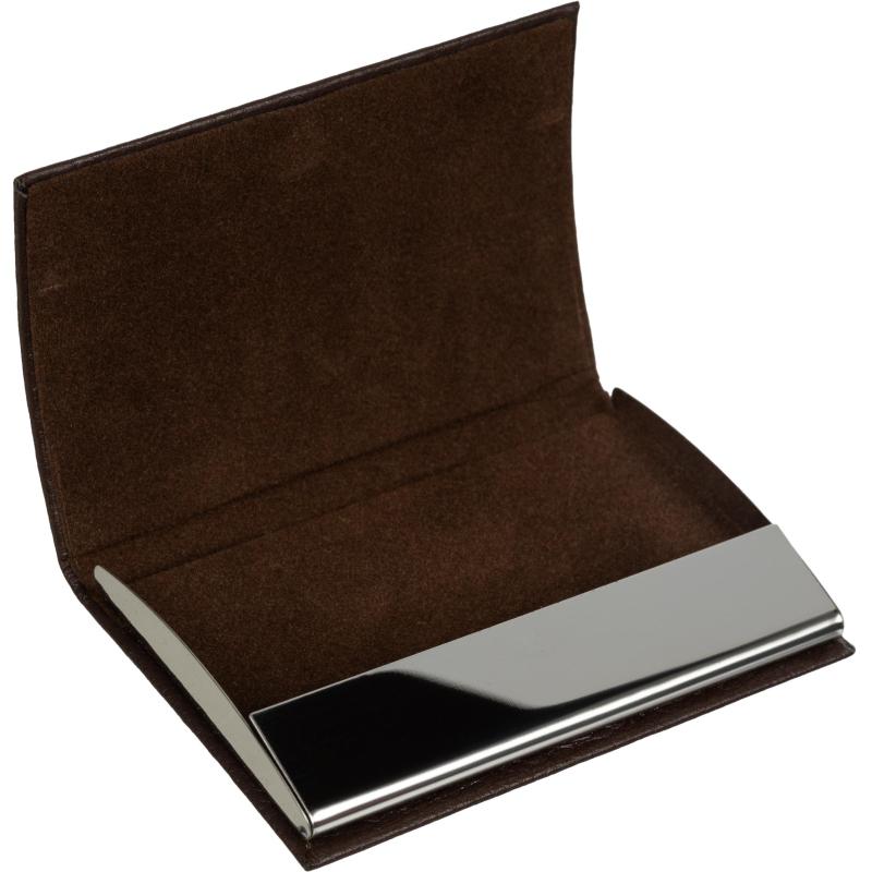 Визитница на 20 визиток металл/экокожа с шильдом д/гравировки коричн, 80106