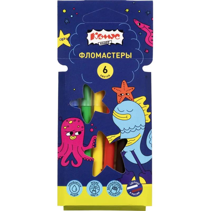 Фломастеры Комус Класс Максики 6 цв. наб.,вентилир.,смыв., карт. упак