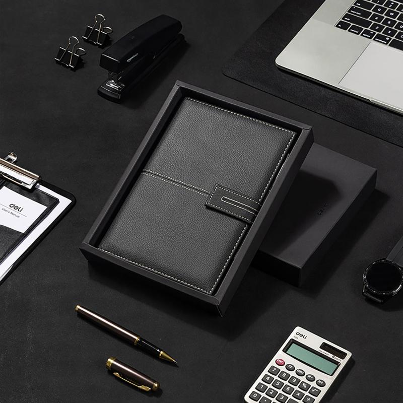 Блокнот Deli А5 120л 80 г/м твердая облож,клетка 5x5мм, черный кожа EN139G