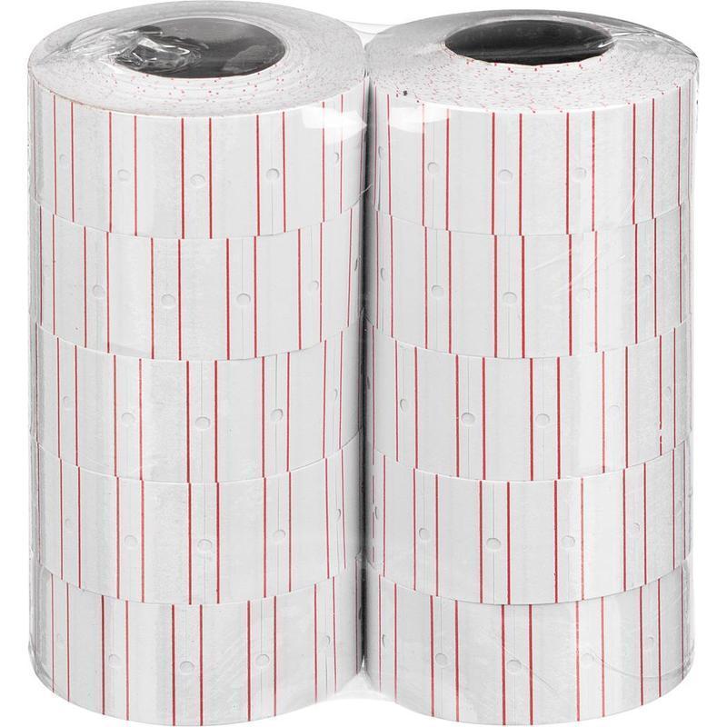 Этикет-лента 21,5х12 прямая белая с красной полосой, 1000шт/рул,10рул/уп