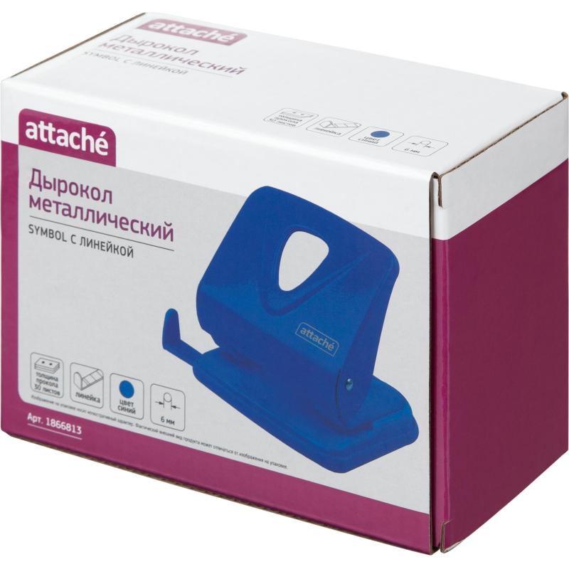 Дырокол Attache Symbol до 30 листов, линейка, металл, синий