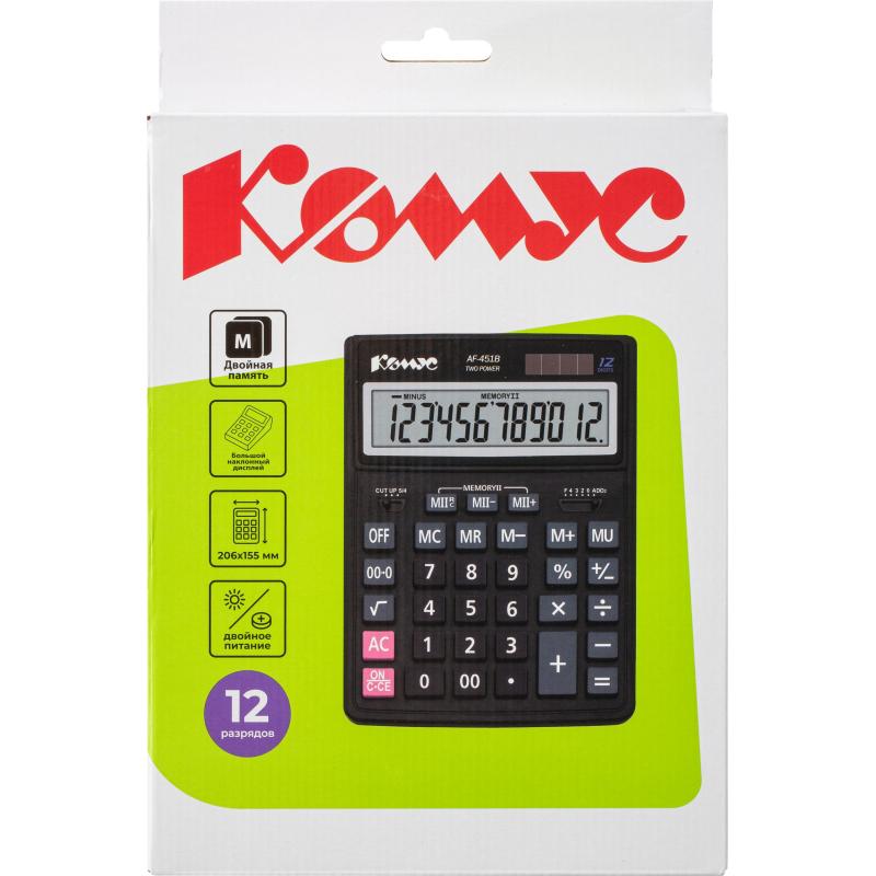 Калькулятор настольный ПОЛНОРАЗМЕРНЫЙ Комус AF-451B,12р,дв.пит,чрн