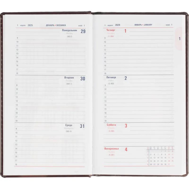 Еженедельник датированный 2026 АТТАСНЕ 64л, 90х160мм,карм.верт,Каньон бордо