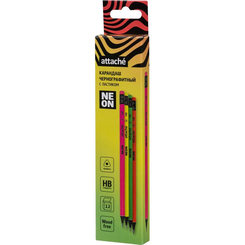 Карандаш чернографитный Attache пластик, трехгранн, с ластиком, ассорти