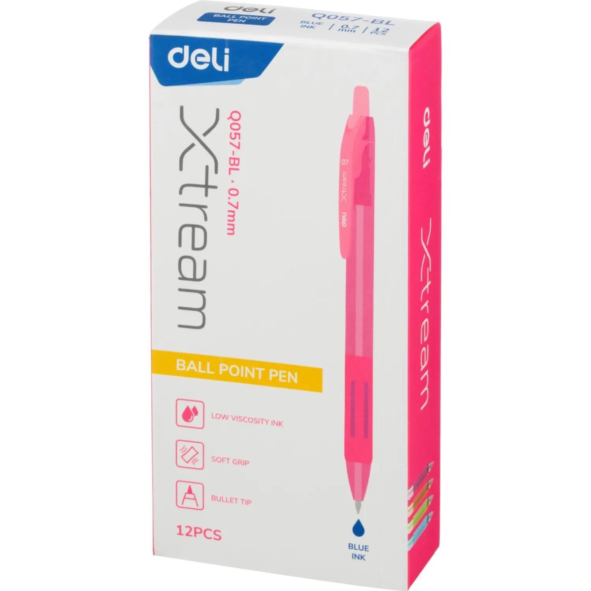 Ручка шариковая автомат. Deli EQ057-BL,син,пулев.нак,0,7мм,рез.грип,4цв.асс