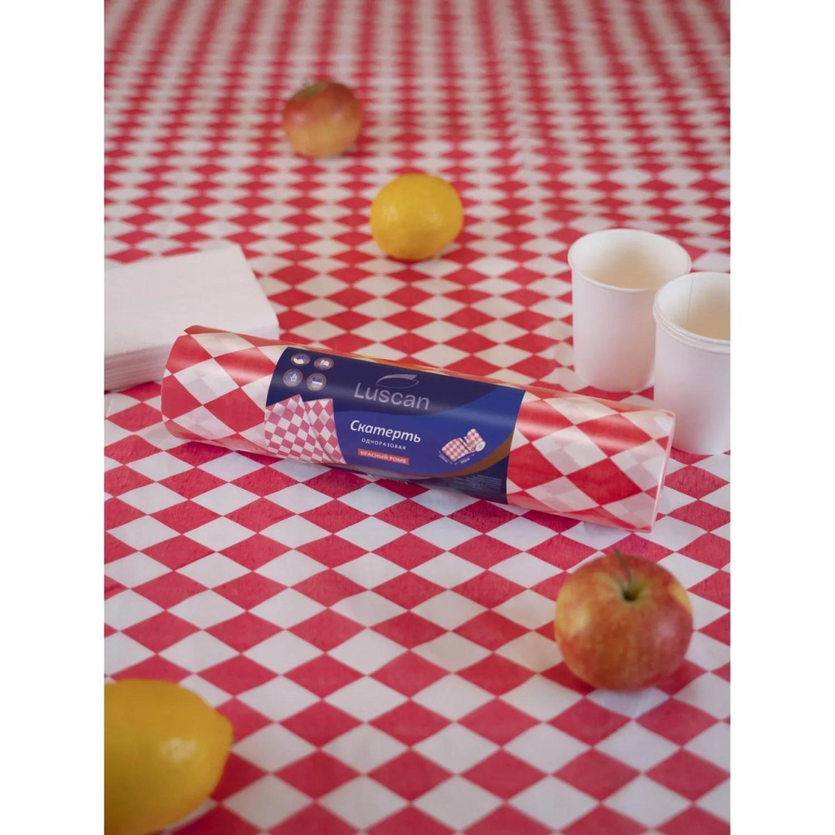 Скатерть одноразовая Luscan, 120х200см 6шт/рулон, красный ромб