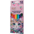 Карандаши цветные Комус Класс Kitty stickers 12 цв, 3мм, трехгранные, дер