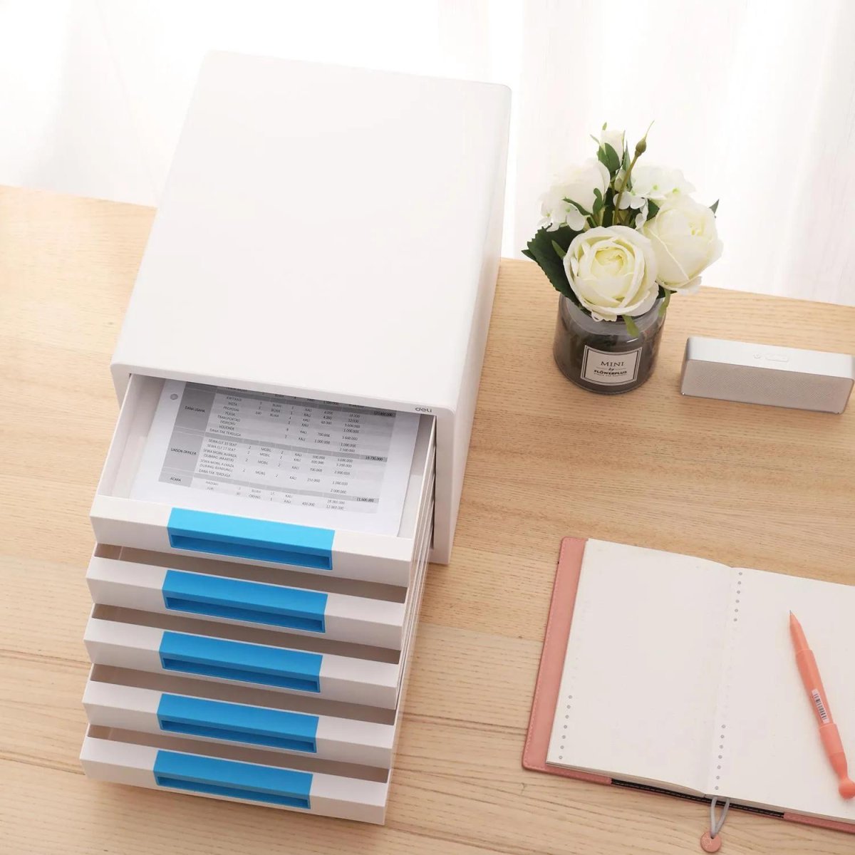 Бокс с выдвижными лотками Deli Rio EZ01033, 5 выдвижн лотков, белый/синий