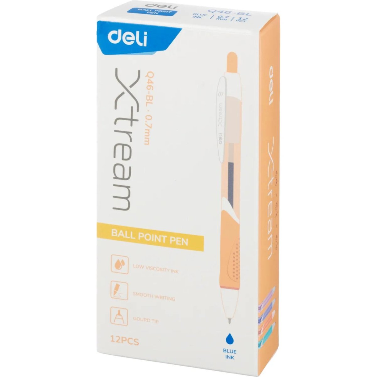 Ручка шариковая автомат. Deli EQ46 игольч.нак,0,7мм,син,резин.грип,4цв асс