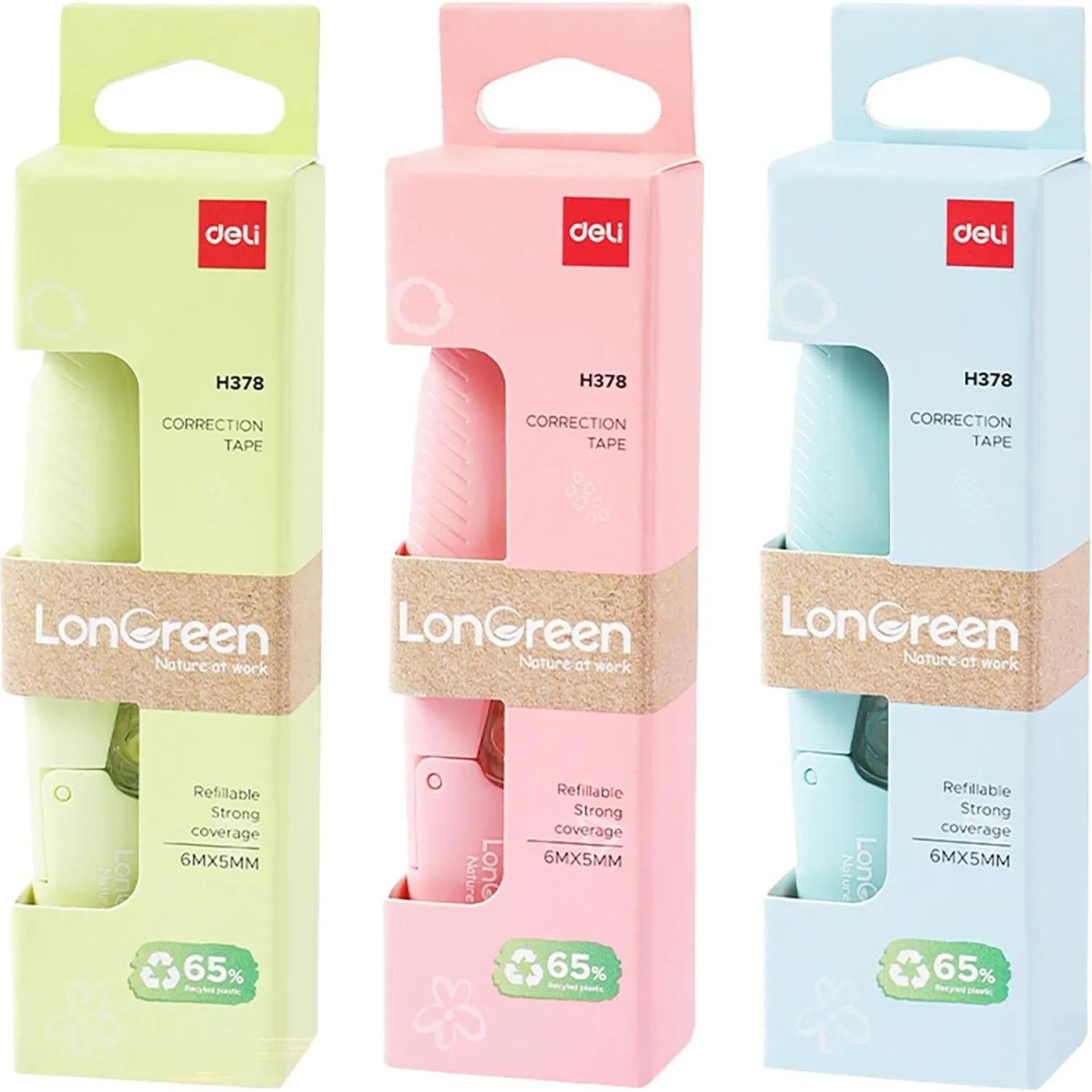 Корректирующая лента Deli LonGreen EH378,5мм х 6м, 65% PCR, 3цв в асс