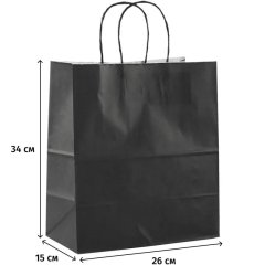 Пакет бумажный 260х150х340мм, 80 гр/м2,с кручеными ручками,чёрный,200 шт/уп
