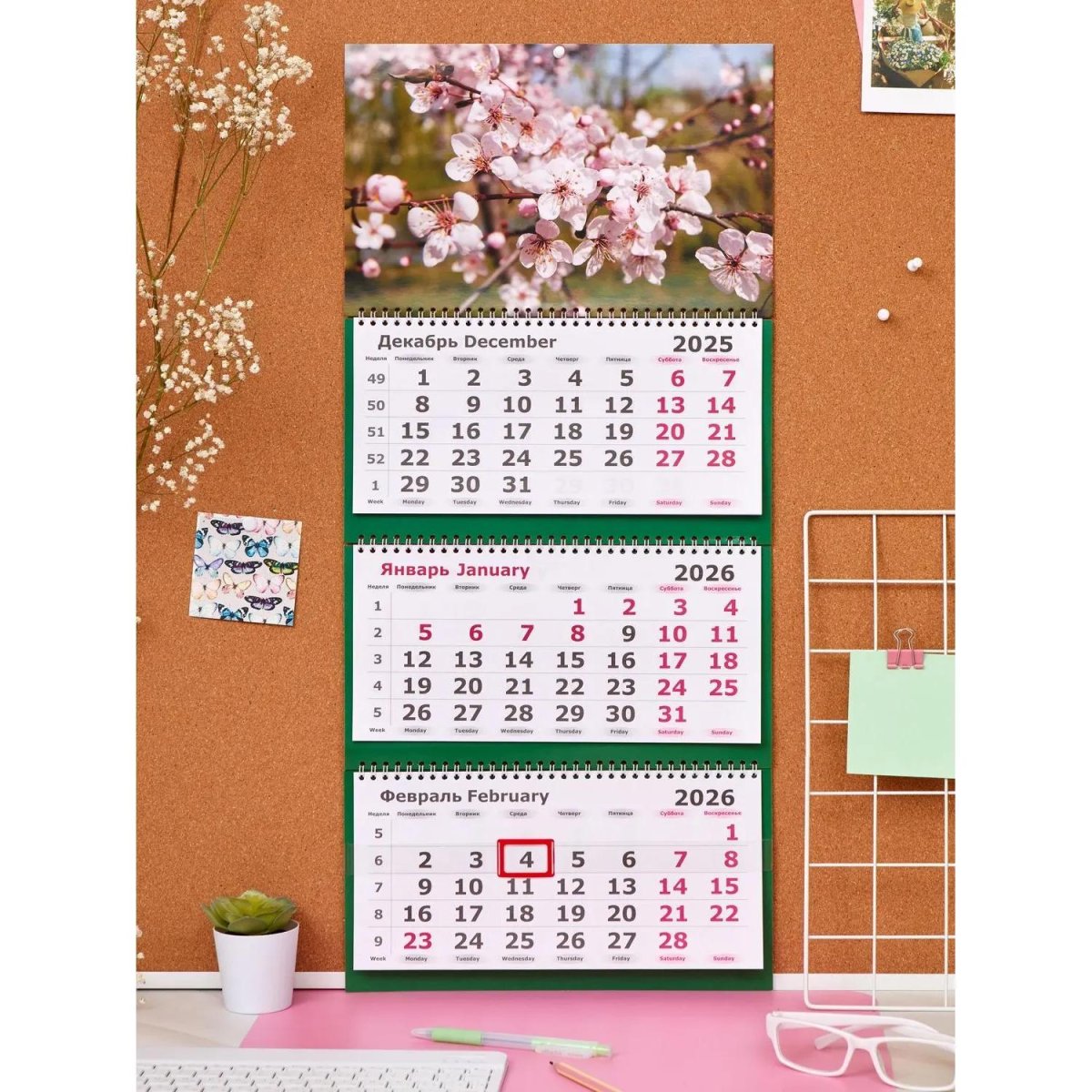 Календарь настенный 3-х блочный 2026 Attache, 305х675, Цветы, 80г/м2