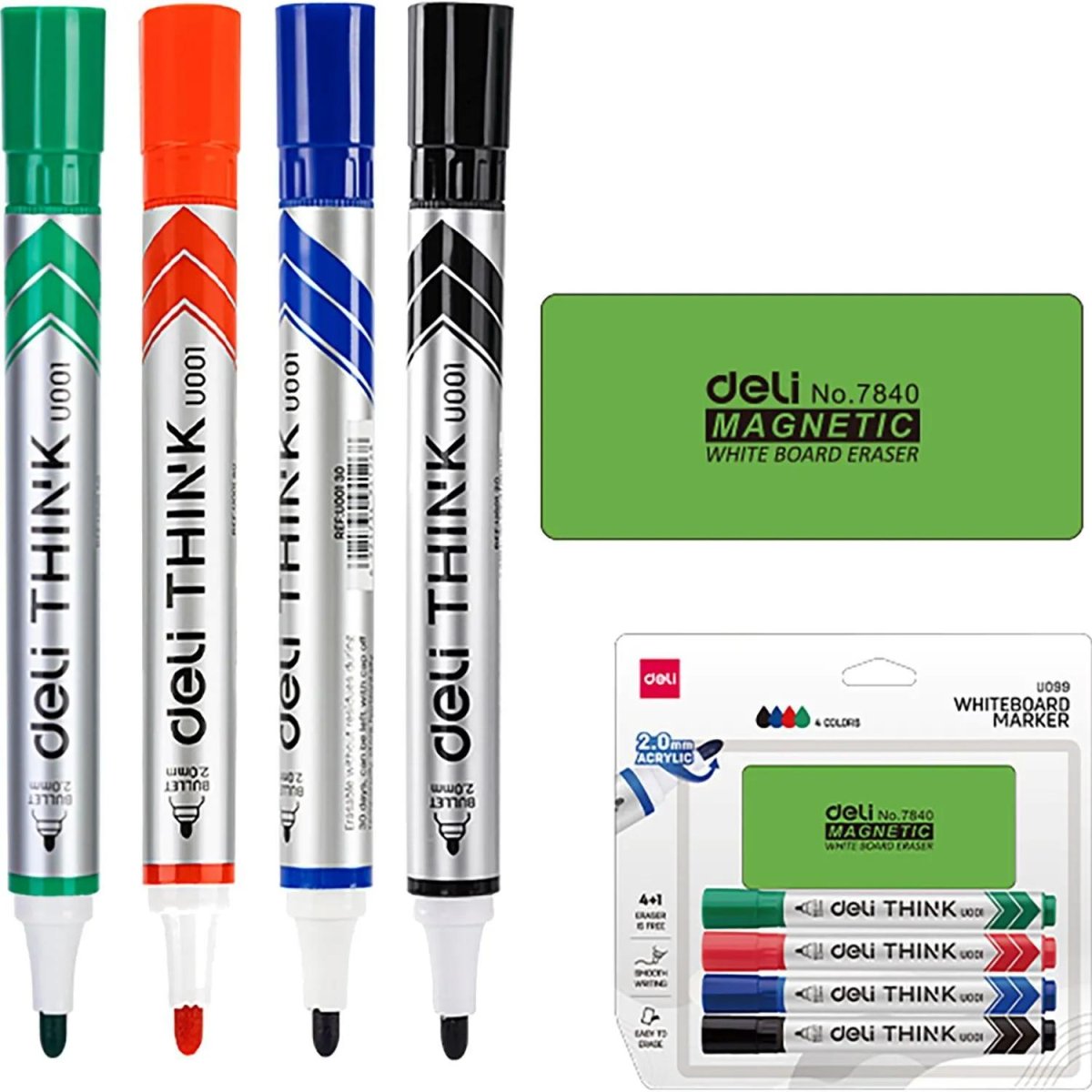 Набор маркеров для белых досок Deli EU099,со стир.,пулев.нак 2мм,4цв