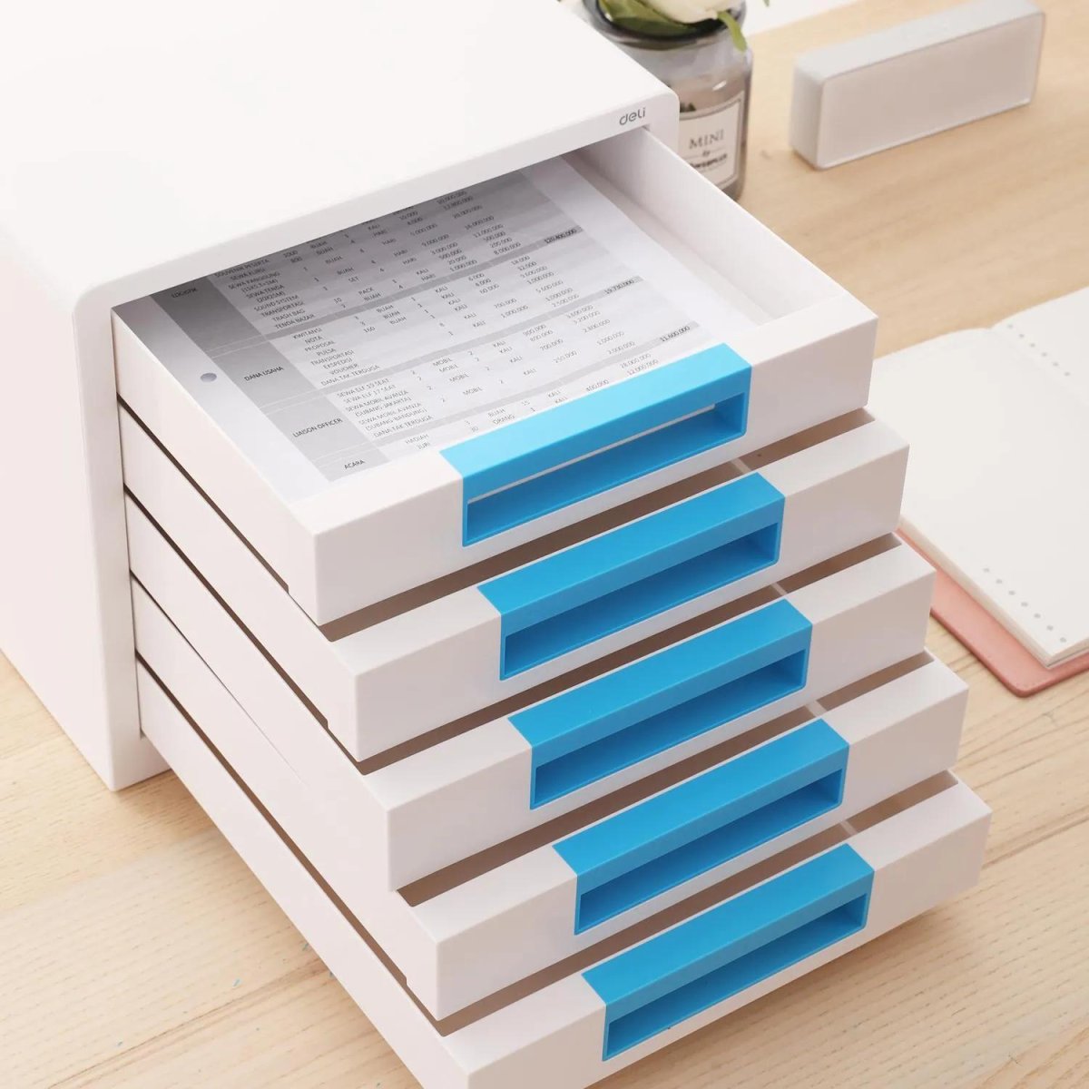 Бокс с выдвижными лотками Deli Rio EZ01033, 5 выдвижн лотков, белый/синий