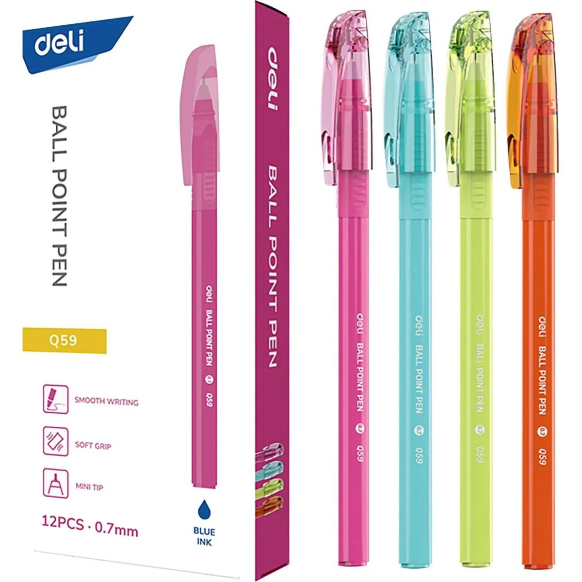 Ручка шариковая неавтомат. Deli EQ59,иг.нак0,7,3гр,мягк.грип,син,в асс